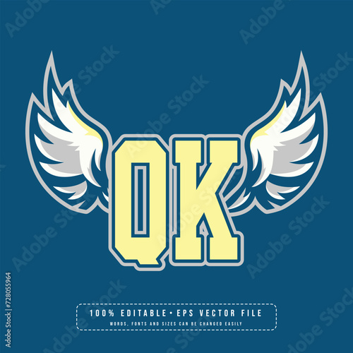 QK wings logo vector with editable text effect. Editable letter QK college t-shirt design printable text effect vector