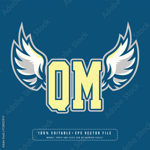 QM wings logo vector with editable text effect. Editable letter QM college t-shirt design printable text effect vector