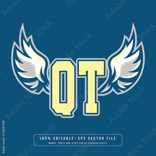QT wings logo vector with editable text effect. Editable letter QT college t-shirt design printable text effect vector