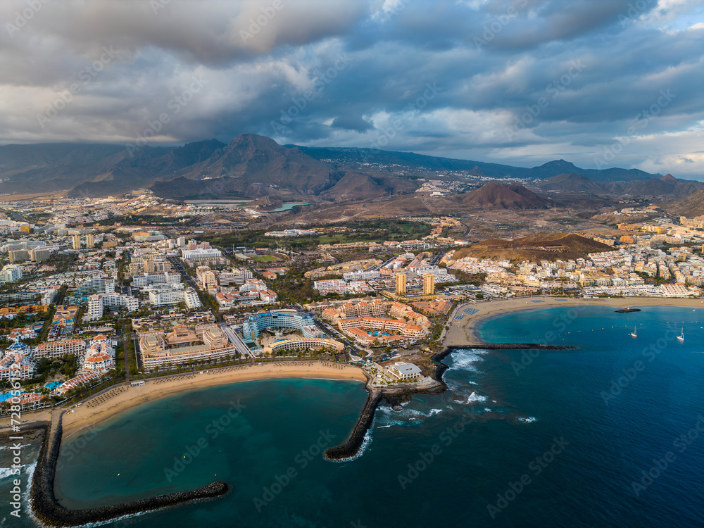 luxury hotels and resorts of ocean shore with blue water, south Tenerife, Canary