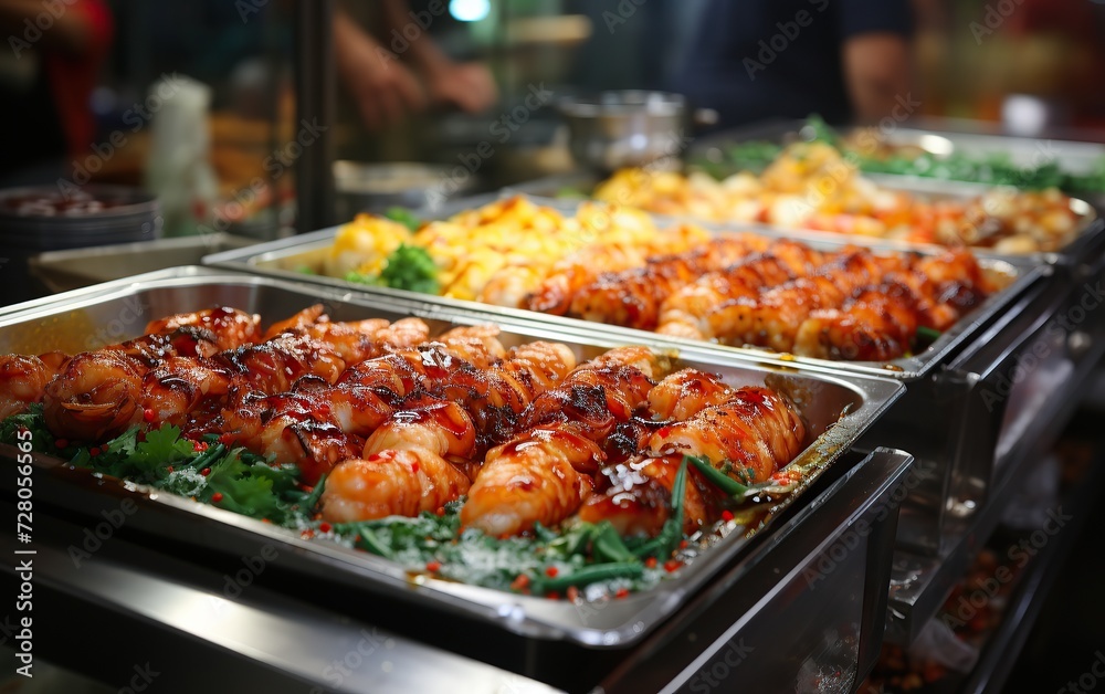 Assorted seafood and meat dishes displayed in a buffet Assorted seafood and meat dishes displayed in a buffet