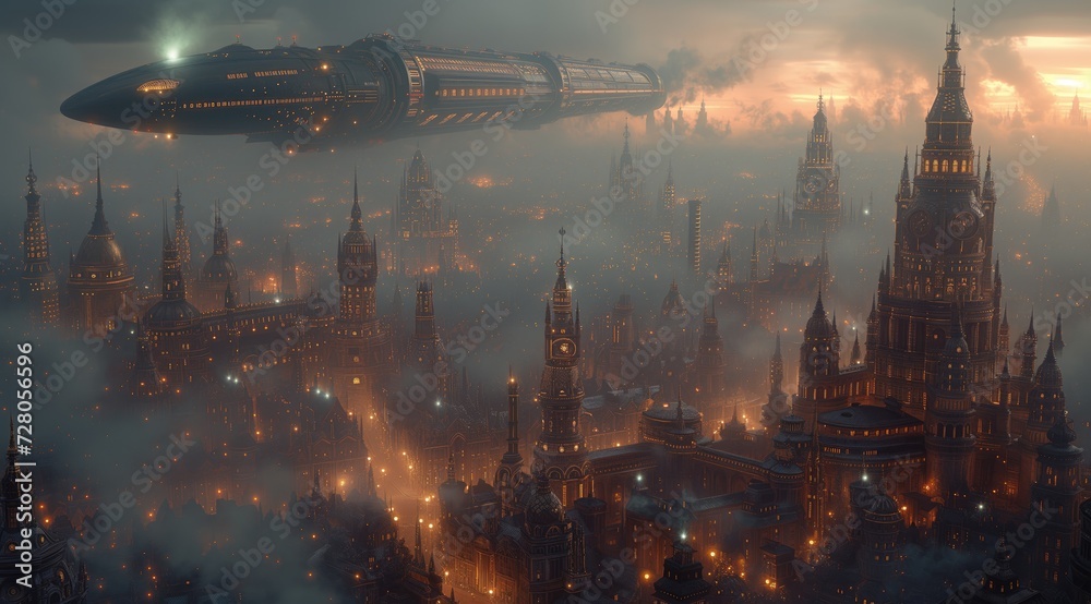 Steampunk 3D metropolis with towering clockwork skyscrapers, steam-powered airships - obrazy, fototapety, plakaty 