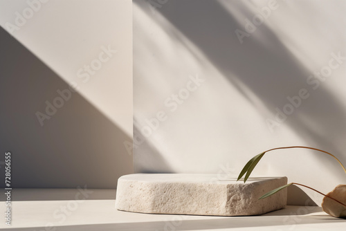 Minimalist Presentation Podium in Bright Natural Light. Simple beige presentation platform highlighted by the striking contrast of natural sunlight and shadows 