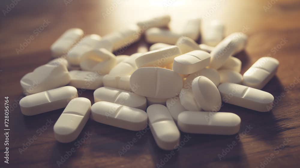 Photograph of prescription pills scattered on the table with open pill bottles. The effect of drug addiction in the healtcare industry. Photograph of prescription pills scattered on the table with open pill bottles. The effect of drug addiction in the healtcare industry.