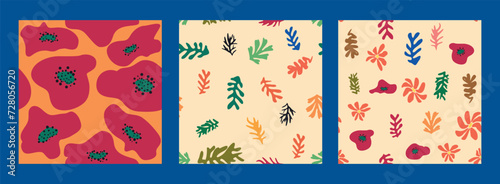 floral seamless pattern, Modern trendy flower minimal style. Set of 3 inspired wall art