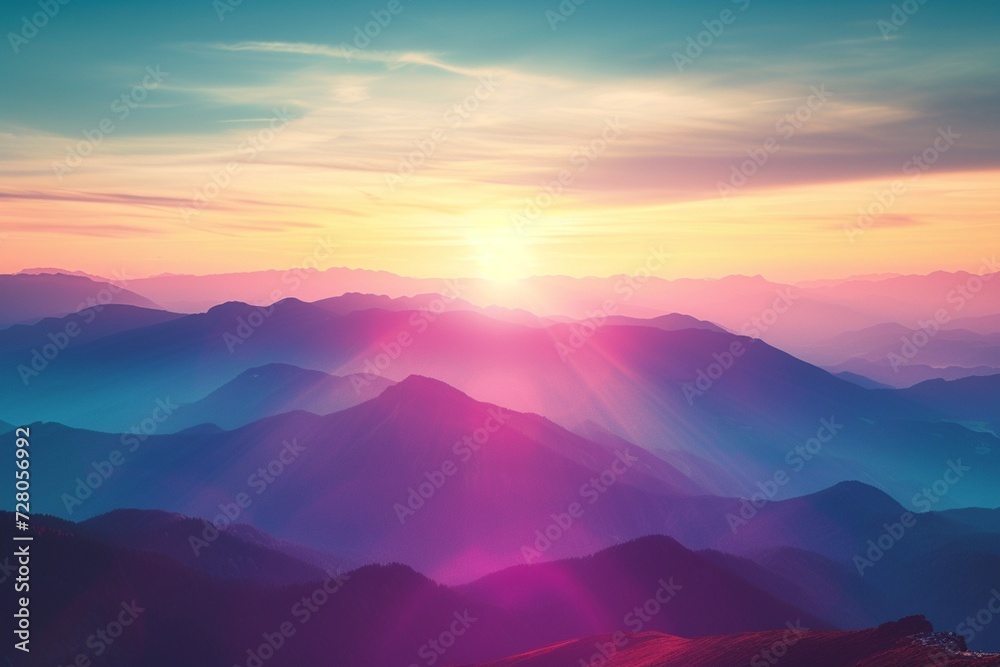 Panoramic view of colorful sunrise in mountains. Filtered image:cross processed vintage effect.