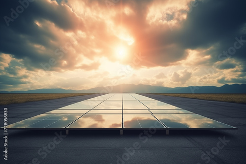 Solarenergie, Solarpanele reflektieren die Sonne, Sonne und weiße Wolken über der Solaranlage, Konzept Energiewende © GreenOptix