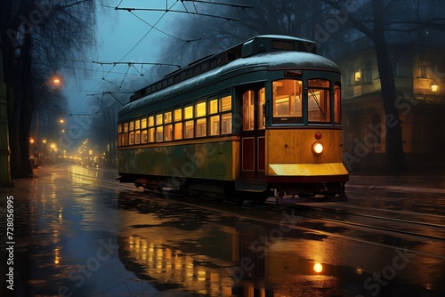 A classic tram on wet cobblestone streets reflects the warm glow of its lights on a misty, rain-soaked evening, creating a nostalgic scene in an old-world city