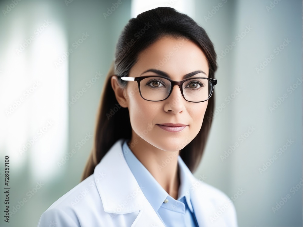 Woman portrait of a doctor wearing a white coat and eyeglasses Woman portrait of a doctor wearing a white coat and eyeglasses