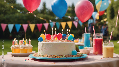 A photo of a birthday party. The party is being held in a backyard. There are balloons  streamers  and a cake.