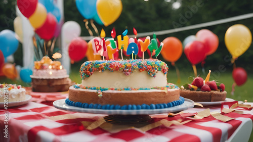 A photo of a birthday party. The party is being held in a backyard. There are balloons  streamers  and a cake.