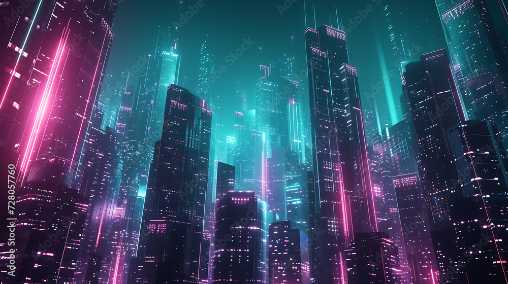 Futuristic 3D render of a neon-lit cityscape, with towering buildings and glowing lights against a dark backdrop