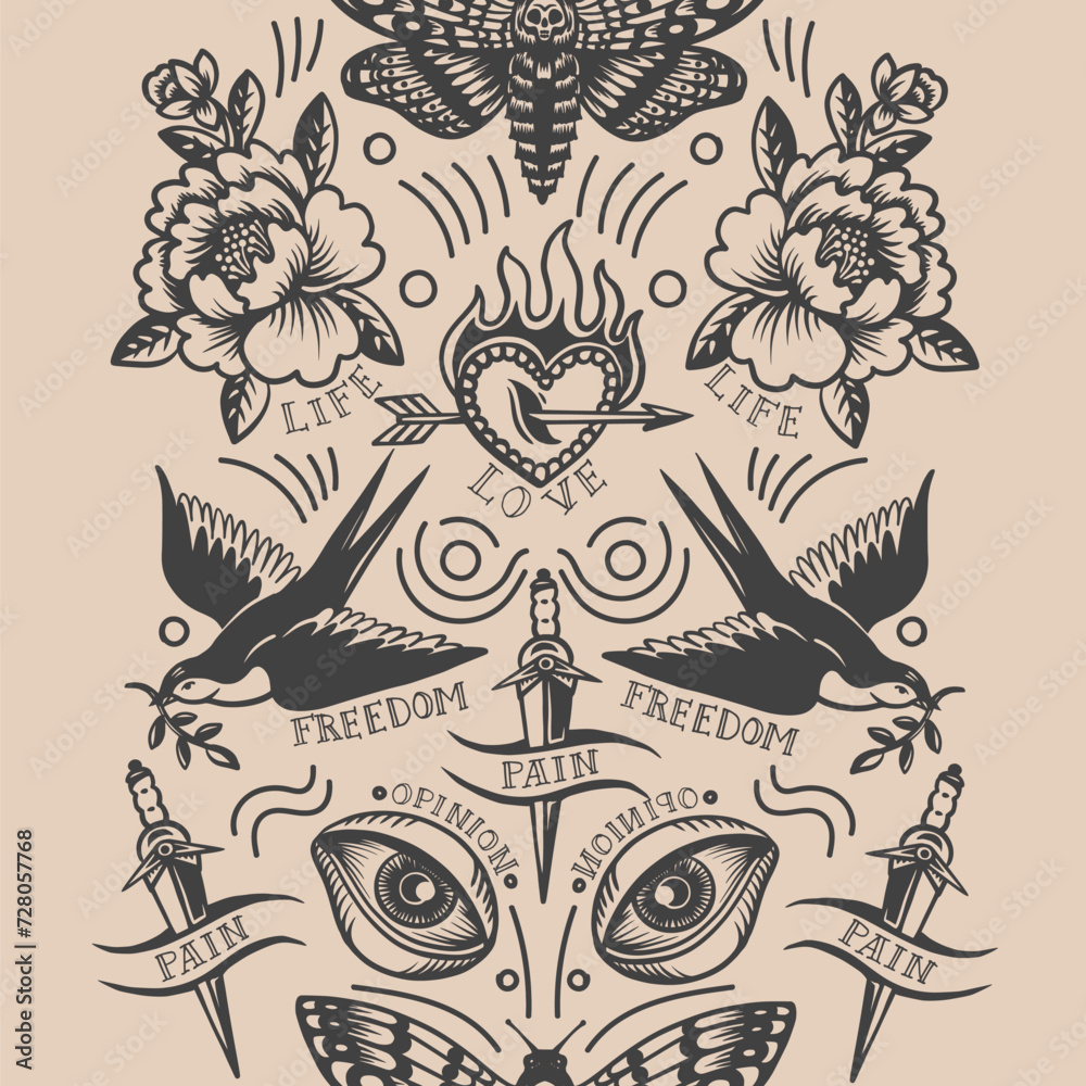 Seamless pattern with tattoo on the nude background. Vector.
