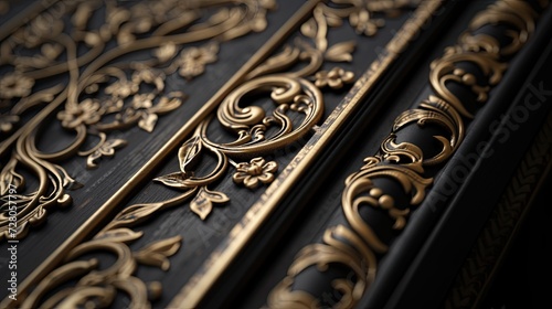 a 3D decorative frame border crafted from thin line steel, exuding a sense of luxury and elegance, set against an ebony black background, enhancing its opulent allure. © lililia