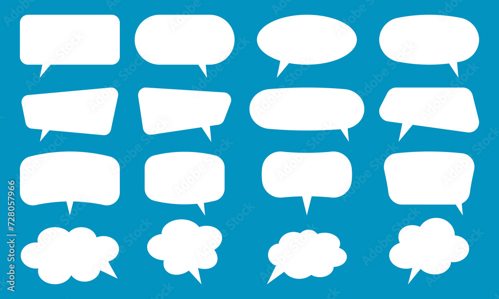 Set of speech bubbles. Bubble text, message box, cartoon chat. Chat text box for comments, posts, comics. White speech bubbles isolated on blue background. Set of speech bubbles. Bubble text, message box, cartoon chat. Chat text box for comments, posts, comics. White speech bubbles isolated on blue background.