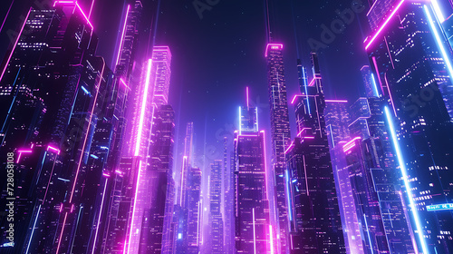 Futuristic 3D render of a neon-lit cityscape  with towering buildings and glowing lights against a dark backdrop