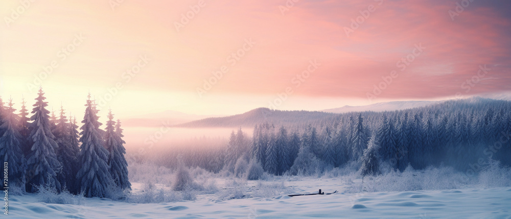 mystical rising fog in the snowy mountains