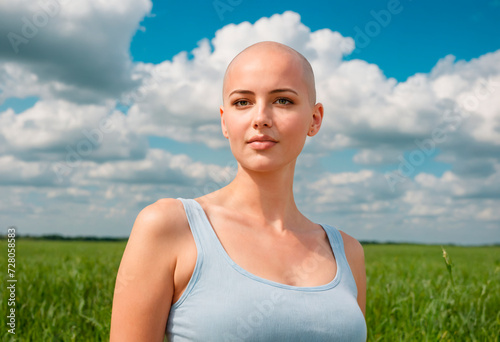 Closeup portrait of a young caucasian woman with bald head and blue sky background photo