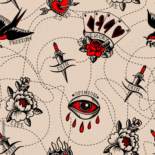Seamless pattern with tattoo on the nude background. Vector.