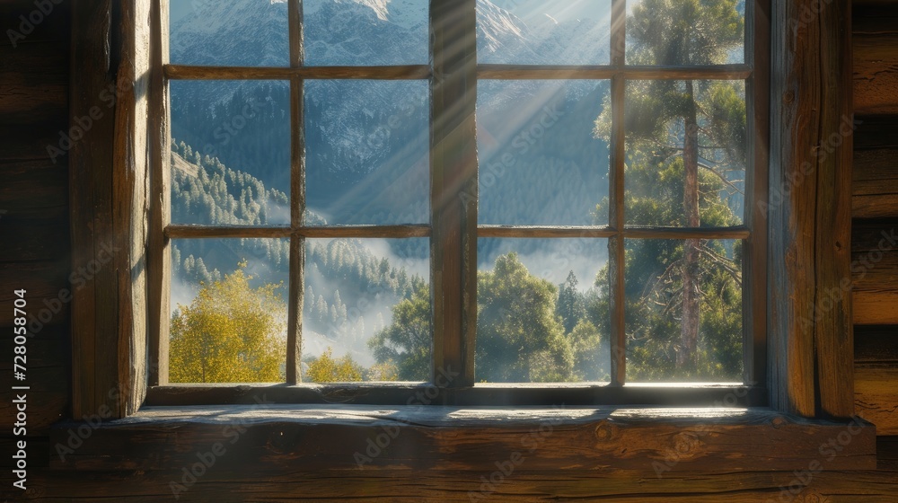 view from the window of a mountain cabin, bathed in sunlight, offering a serene and picturesque scene of nature's beauty. view from the window of a mountain cabin, bathed in sunlight, offering a serene and picturesque scene of nature's beauty.