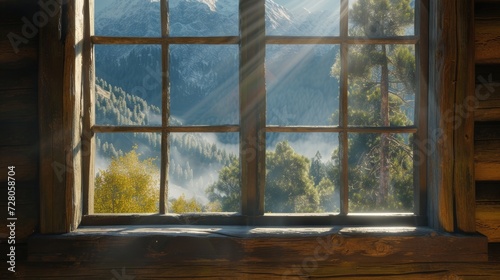 view from the window of a mountain cabin  bathed in sunlight  offering a serene and picturesque scene of nature s beauty.