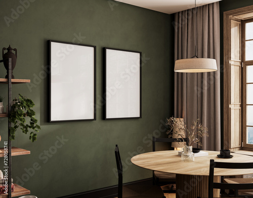 Poster frame mock-up in home interior background, dinning room in dark green tones,