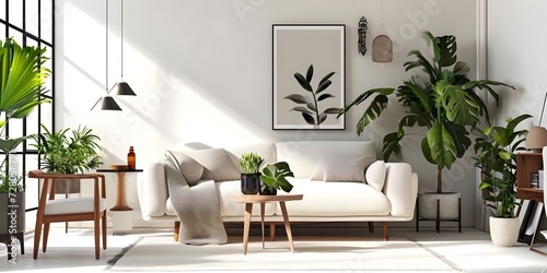 Stylish scandi compostion at living room interior with design gray sofa wooden coffee table shelf cube carpet rattan pouf plants picture frame table lamp and elegant accessories in home decor