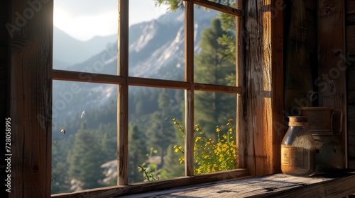 view from the window of a mountain cabin  bathed in sunlight  offering a serene and picturesque scene of nature s beauty.