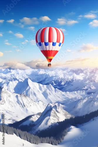 Heißluftballon fliegt über schneebedeckten Bergen, Winterbanorama über einem Gebirge