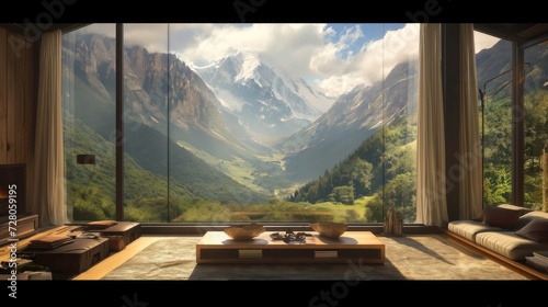 view from the window of a mountain cabin, bathed in sunlight, offering a serene and picturesque scene of nature's beauty. © lililia