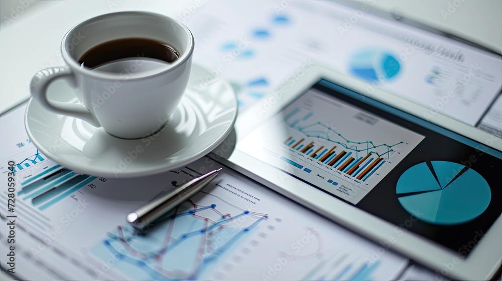 a tablet screen, featuring graphs and charts, set on a desk adorned with a cup of coffee, symbolizing the blend of technology and traditional work elements in financial analysis. a tablet screen, featuring graphs and charts, set on a desk adorned with a cup of coffee, symbolizing the blend of technology and traditional work elements in financial analysis.