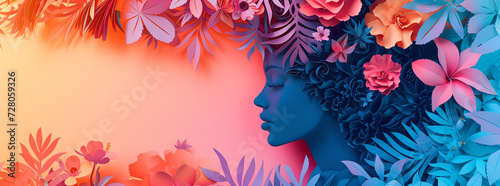 An artistic depiction featuring a silhouette of a face intertwined with floral elements, crafted in a paper-cut design, including a dedicated area for text to celebrate International Women's Day.