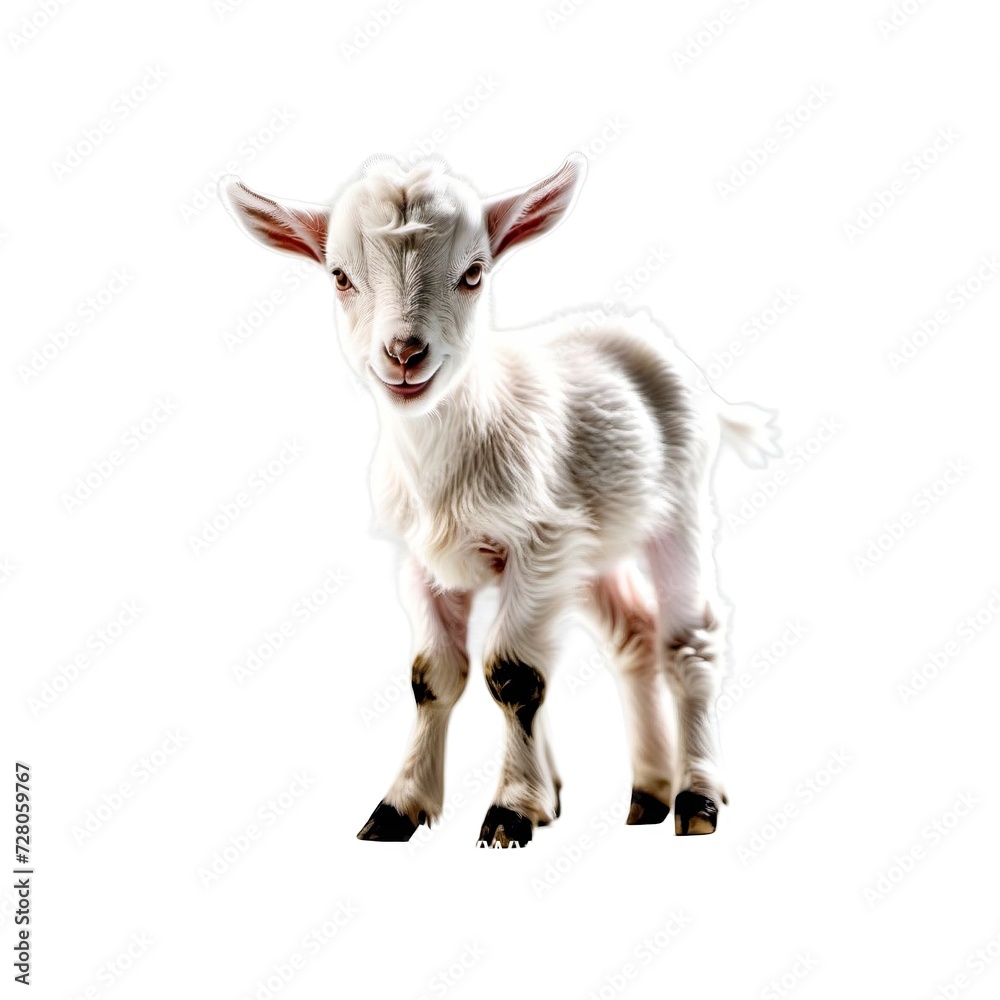White Lamb Standing on Green Grass, Young Sheep with Woolly Coat and Black Markings White Lamb Standing on Green Grass, Young Sheep with Woolly Coat and Black Markings