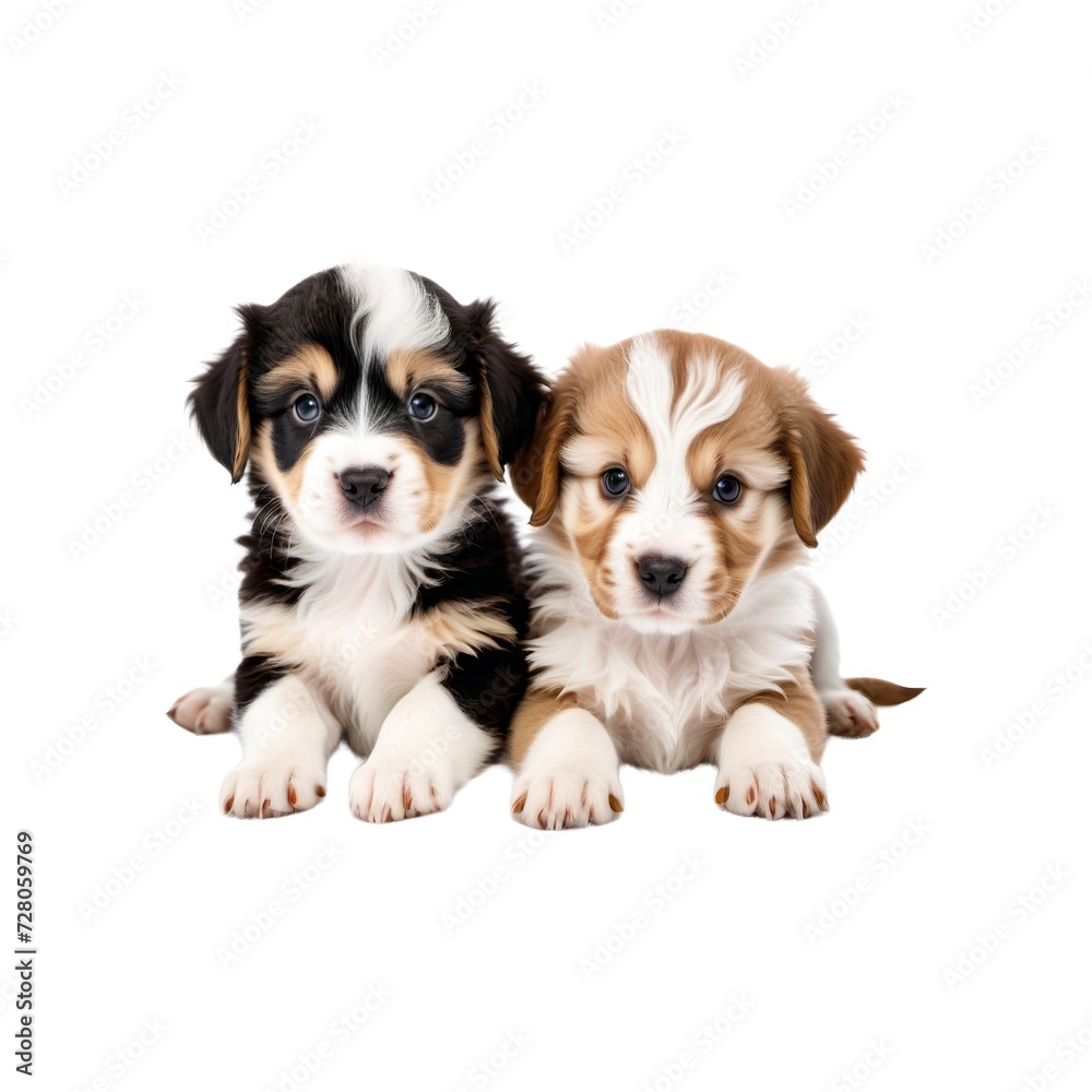 Two Cute Puppies Sitting Together on a White Background, One Black and White, One Brown and White