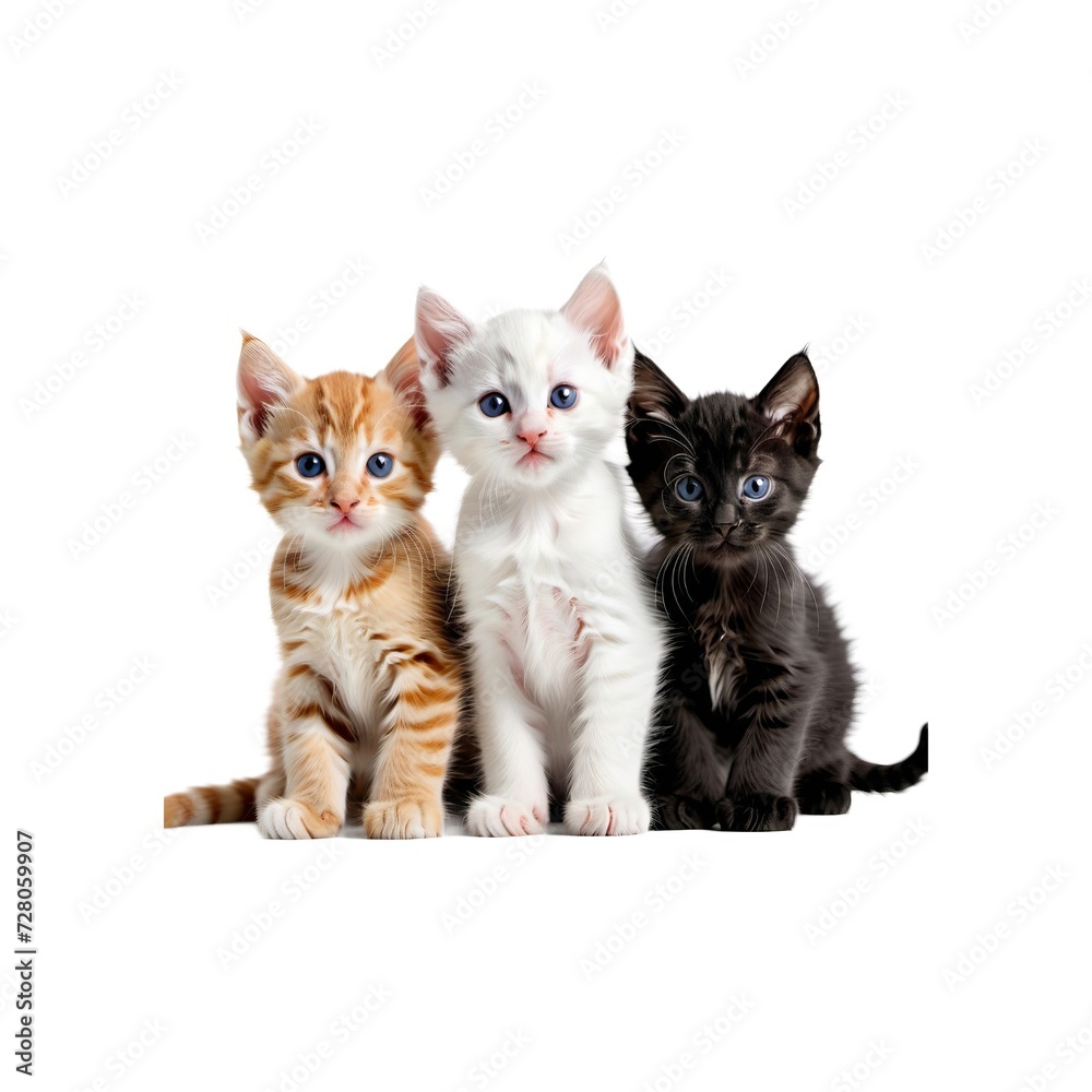 Three Adorable Kittens of Different Colors Sitting Together, Orange Tabby, White, and Black Kitten Portrait