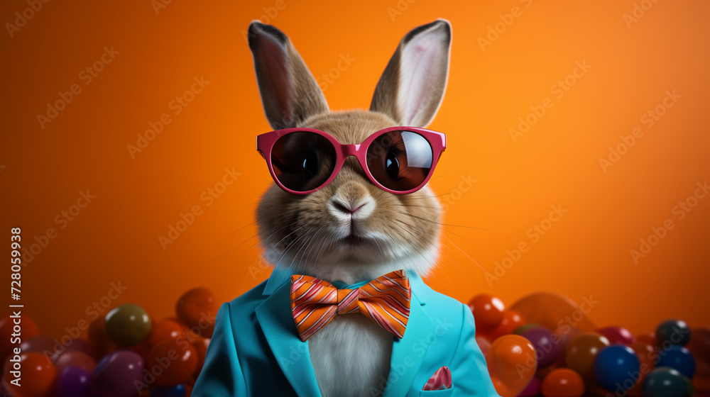 Fototapeta premium A young rabbit with sunglasses and a suit on an orange background.