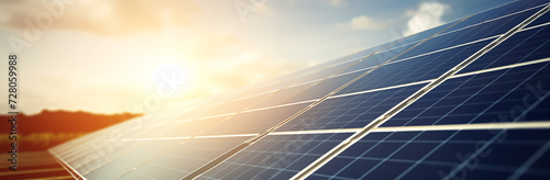 Solarenergie, Solarpanele reflektieren die Sonne, Sonne und weiße Wolken über der Solaranlage, Konzept Energiewende photo
