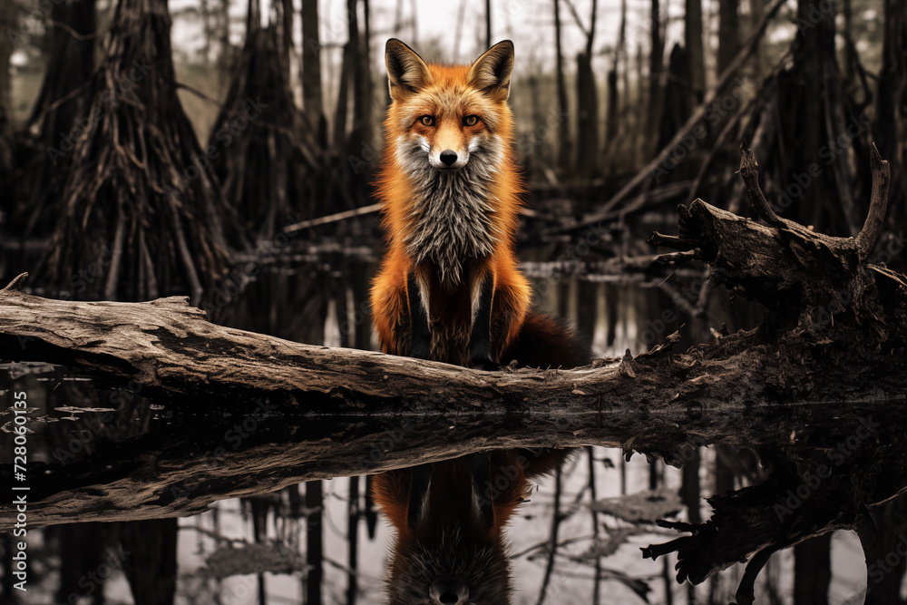Fuchs im Wald am Wasser, Spiegelung des Fuchses im Wasser Fuchs im Wald am Wasser, Spiegelung des Fuchses im Wasser