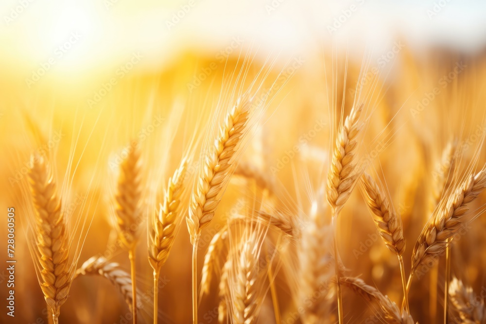 Obraz premium Close up view on wheat field with golden sunset light during sunny summer day. Generative Ai.