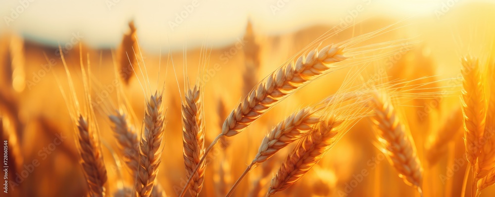 Close up view on wheat field during nice sunny golden hour banner panorama. Generative Ai. Close up view on wheat field during nice sunny golden hour banner panorama. Generative Ai.