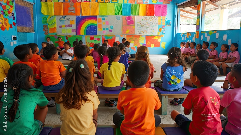 children, 7 years old, engaged in an English lesson, each wearing T-shirts of different colors, showcasing a lively and diverse learning environment.