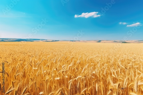 Close up view on wheat field during nice sunny golden hour. Generative Ai.