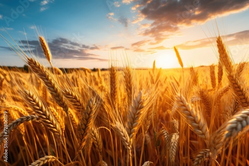 Close up view on wheat field with golden sunset light during sunny summer day. Generative Ai.