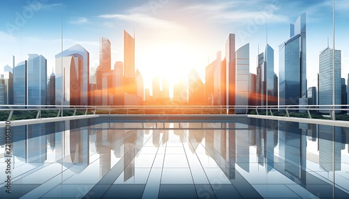 Panoramic skyline and buildings with many glass windows