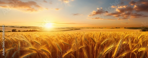 Close up view on wheat field with golden sunset light during sunny day, panorama banner. Generative Ai. © annamaria