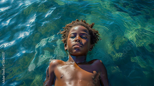 Serious gaze, afro-haired African child, floating.