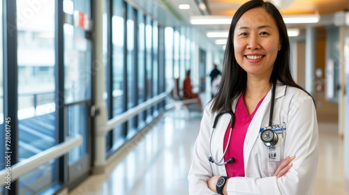Professional allure: An Asian female medic in a white coat smiles, projecting confidence and warmth in a hospital interior.