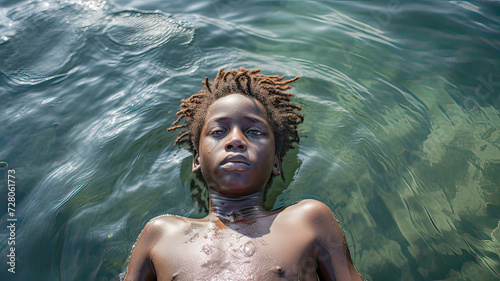 African boy floating in turquoise sea.