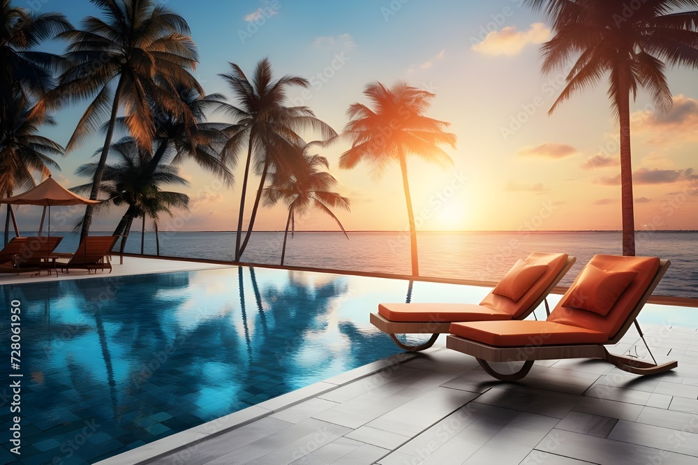 swimming pool with lounge chairs among palm trees
