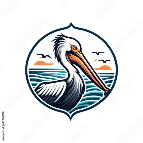 Elegant Pelican Logo Illustration with Ocean Waves, Sunset, and Flying Birds in a Circular Frame